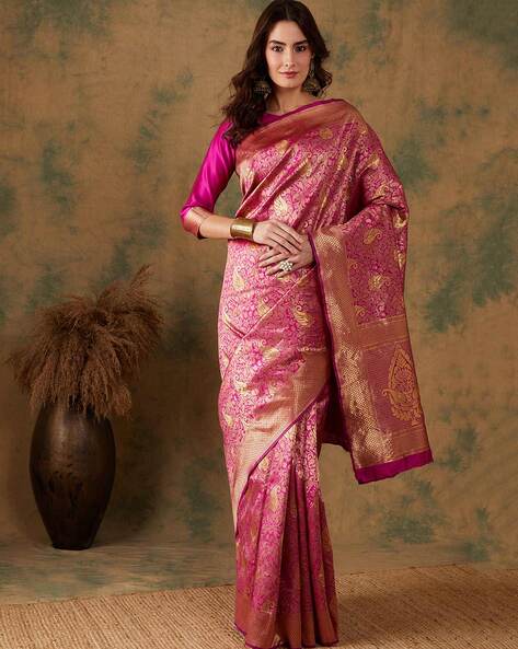 Buy Pink Chiffon Saree With Golden Border & Silk Blouse Custom Made to  Order Womens Wedding Party Wear Sari Plain Sarees Online in India - Etsy