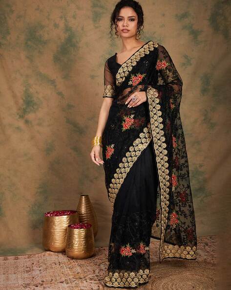 Black net saree 2025 with golden border