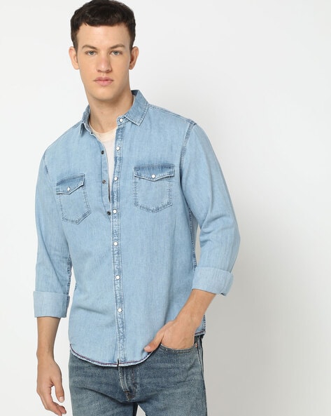 DNMX Men Size M Blue Denim Button Up Shirt Long Sleeve Break Rule Share  Reality | eBay