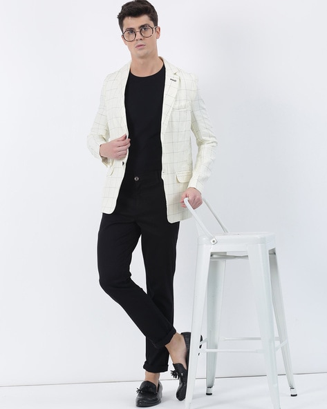 Navy Blazer with Denim Shirt and Cream Linen Pants | He Spoke Style