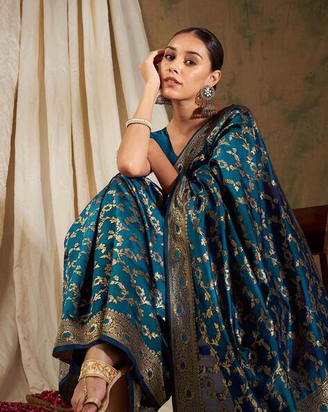 Buy NENCY FASHION Women Blue Woven Jacquard Banarasi Saree with