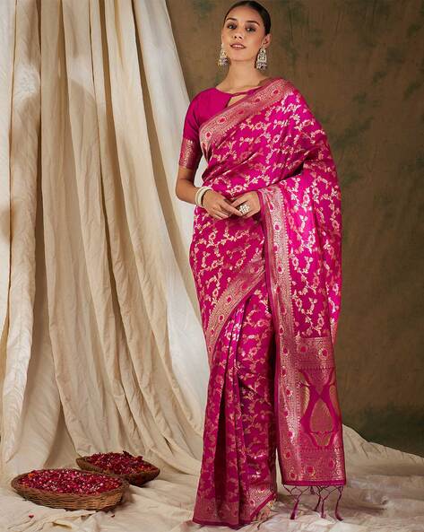 Pink Zari Work Banarasi Silk Saree - VJV Now - India