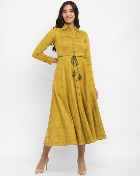 Women Checked Shirt Dress with Tie-Up Belt