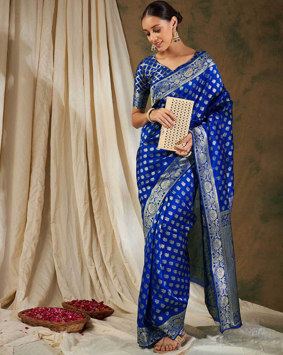 Blue Kanchi silk saree cutwork on the border at Best Price