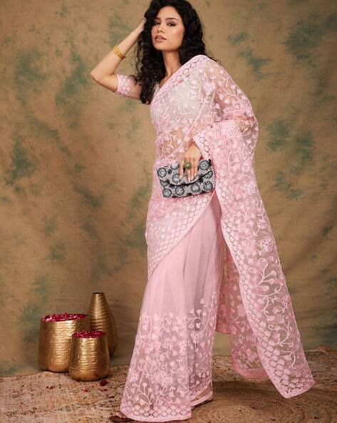 Blush Pink Net Embroidered Saree