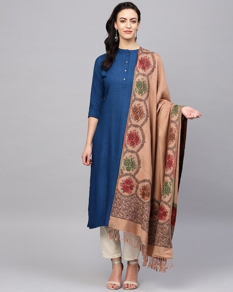 Women Floral Woven Stole with Tassels Price in India