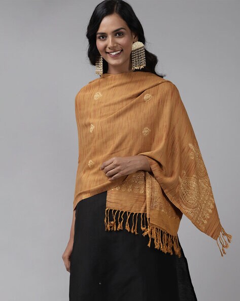 Women Floral Woven Stole with Tassels Price in India