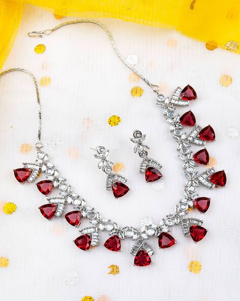 American Diamond Necklace Set with Ruby Red Crystals for Weddings -  Senorita Red Necklace Set By Blingvine