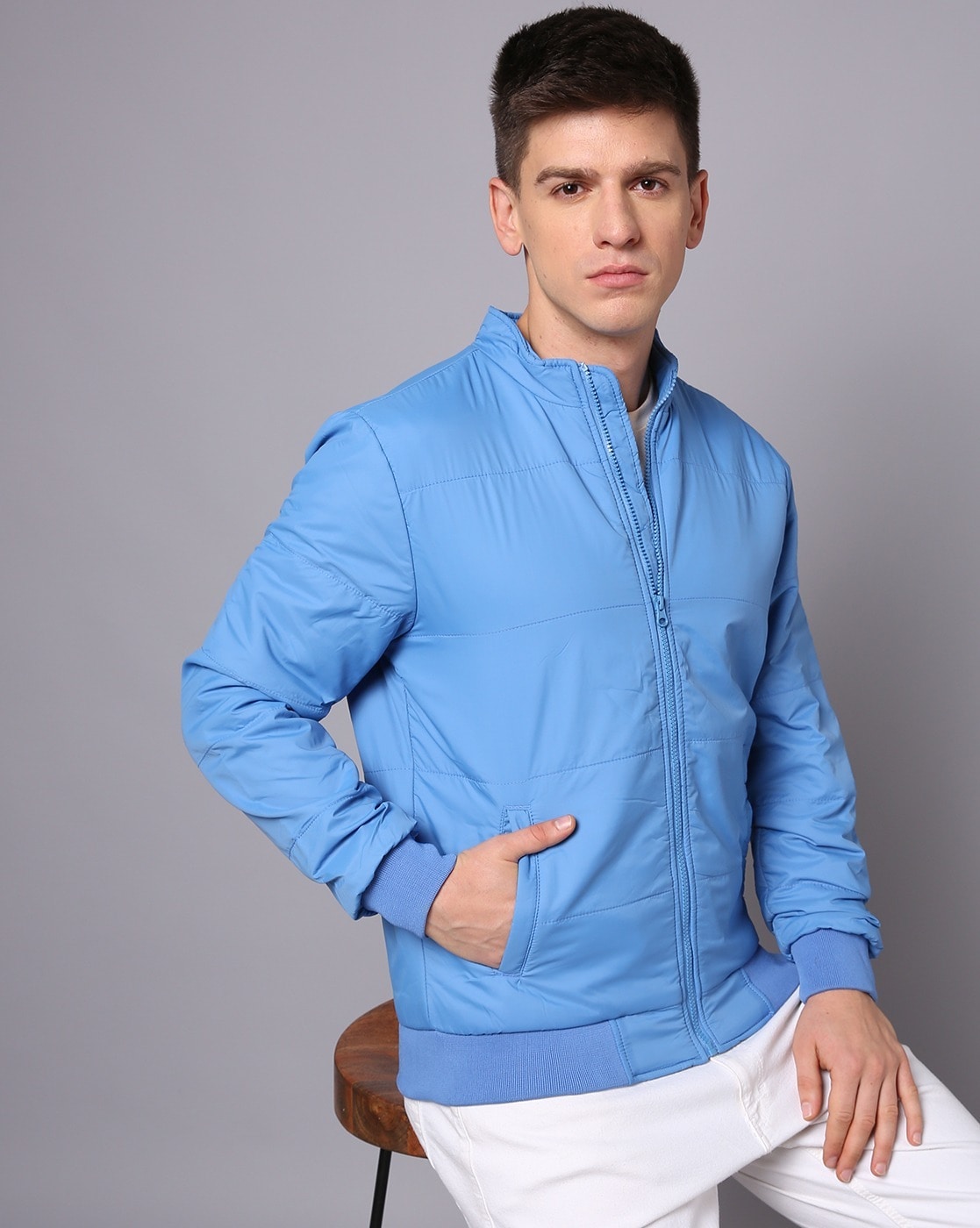 Buy online Light Blue Solid Bomber Jacket from Jackets for Men by Camey for  ₹1699 at 32% off | 2024 Limeroad.com