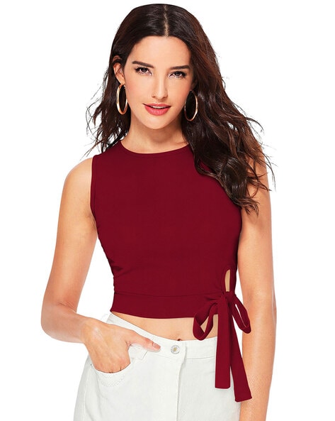 Buy Sinsay women round neck sleeveless plain top maroon Online