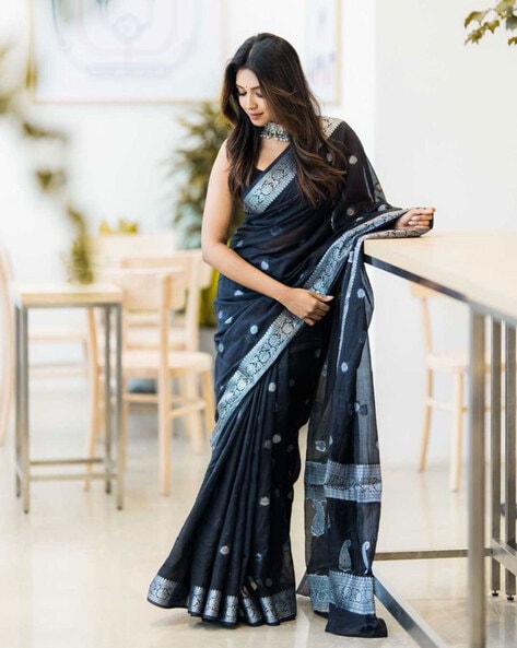 Banarasi Handloom Soft Kora Silk Black Color Saree – banarassilksarees