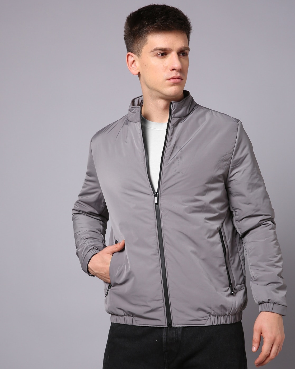 Grey Solid Varsity Jacket - Buy Grey Solid Varsity Jacket online in India