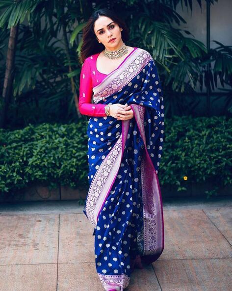 Sky blue with pink pure kanchivaram silk saree – Meshira