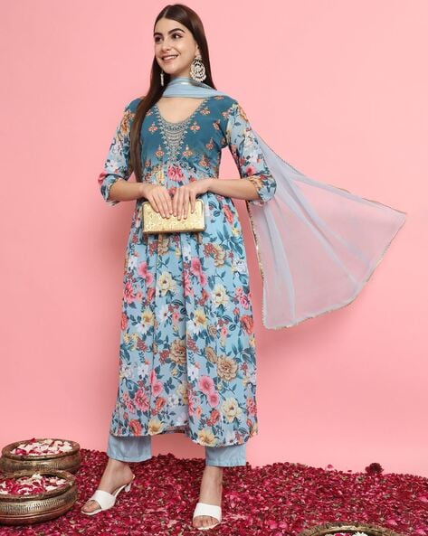 Women Floral Print A-Line Kurta Set with Dupatta Price in India
