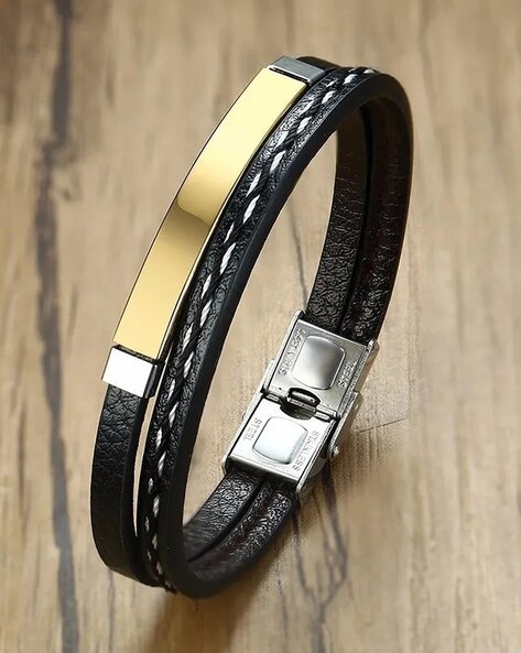 Men's Fashion Style Black Leather Gold Bracelet - Gold | Ebru Jewelry |  Wolf & Badger