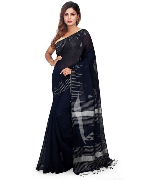 Black Blue Pure Handloom Linen Pure Saree – Paarijaatham.com