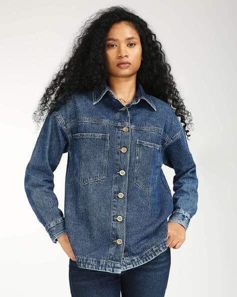 Women Denim Oversized Top with Flap Pockets
