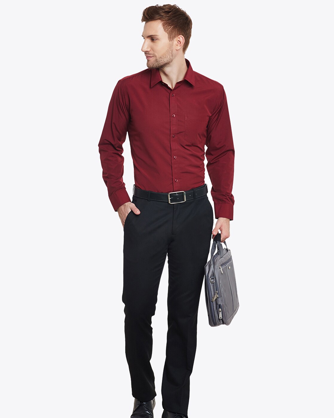 navy pants maroon shirt