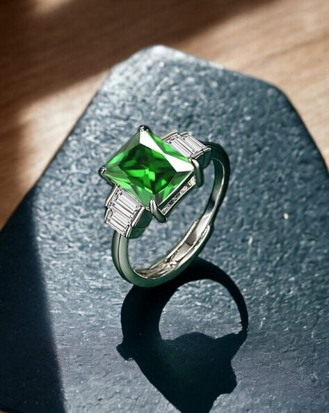 Twist Round Cut Emerald Green Engagement Ring Sterling Silver