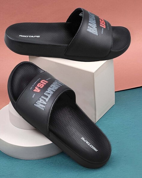 Men Typographic Print Round-Toe Slides