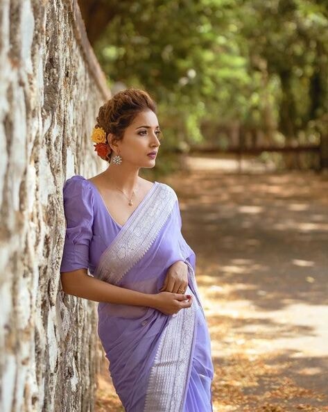 Lavender Hand Painted Organza Designer Saree | Koselly