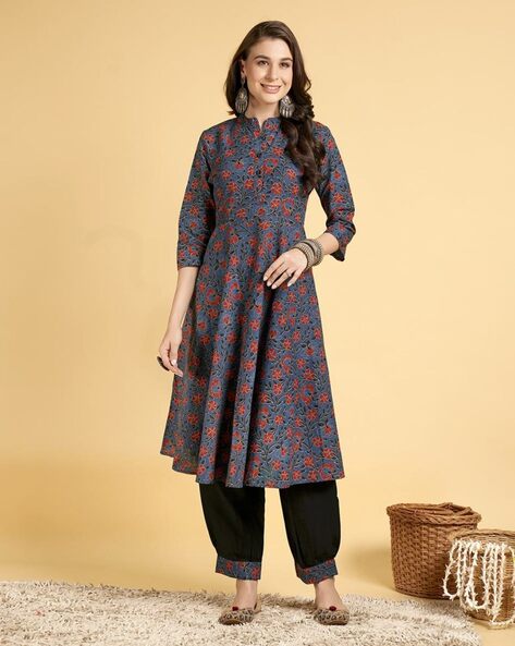 Blue Floral Printed Shirt Collar A-Line Kurta With Trousers– Inddus.in