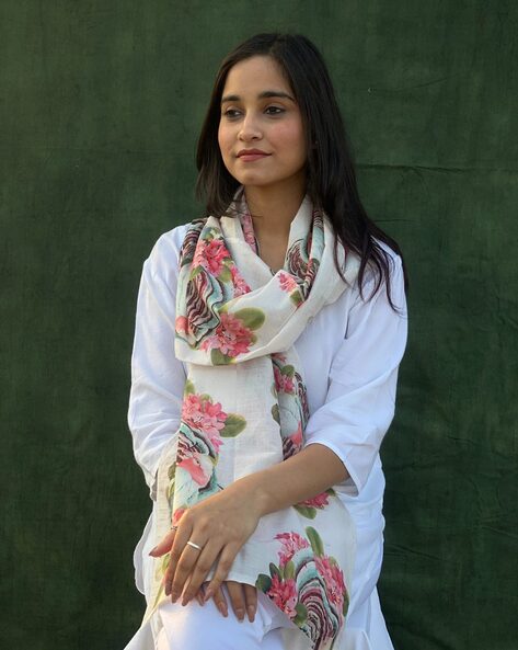 Womens Floral Cotton Scarves, White Floral Scarf