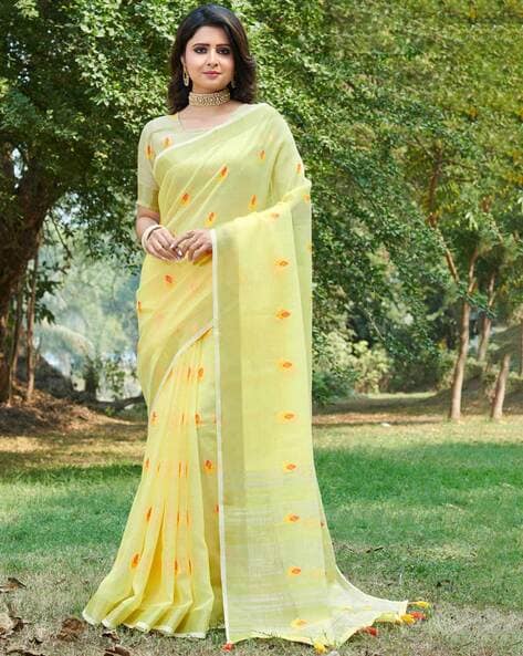 Embroidered Net Saree in Light Yellow : SAR1546