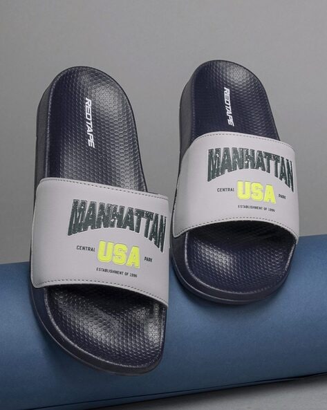 Men Typographic Print Round-Toe Slides