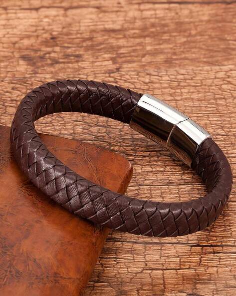 Mens leather braided on sale bracelet with magnetic clasp