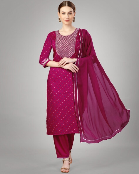 Embroidered Straight Kurta Pants Set with Dupatta Price in India