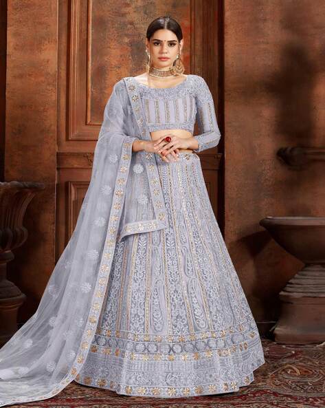 Anchor Grey Soft Net Over-all Sequence Work Lehenga Choli