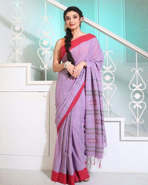 Lavender Floral Printed Linen Silk Saree - Urban Womania