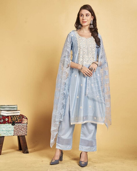 Women Floral Embroidered Straight Kurta Set with Dupatta Price in India