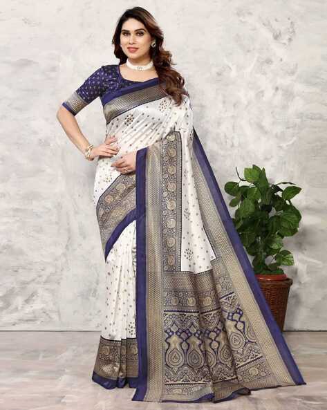 Glitzy White And Navy Blue Color Kanjiwaram Silk Base Wedding Wear Saree