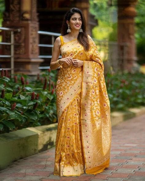 Radiant Yellow Banarasi Silk Saree: Perfect for Weddings and Parties! | Silk  sarees, Party wear indian dresses, Saree