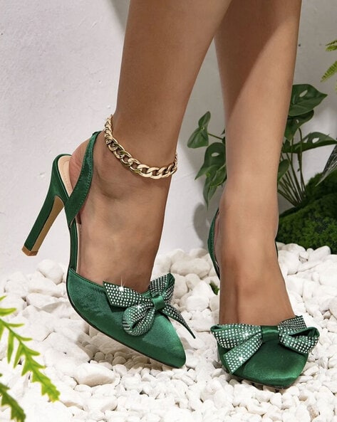 Pointed Toe Crystal Clear Heels in Neon Green