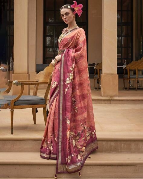 Pink Linen Saree With Golden Zari Border - Dreaming Loud