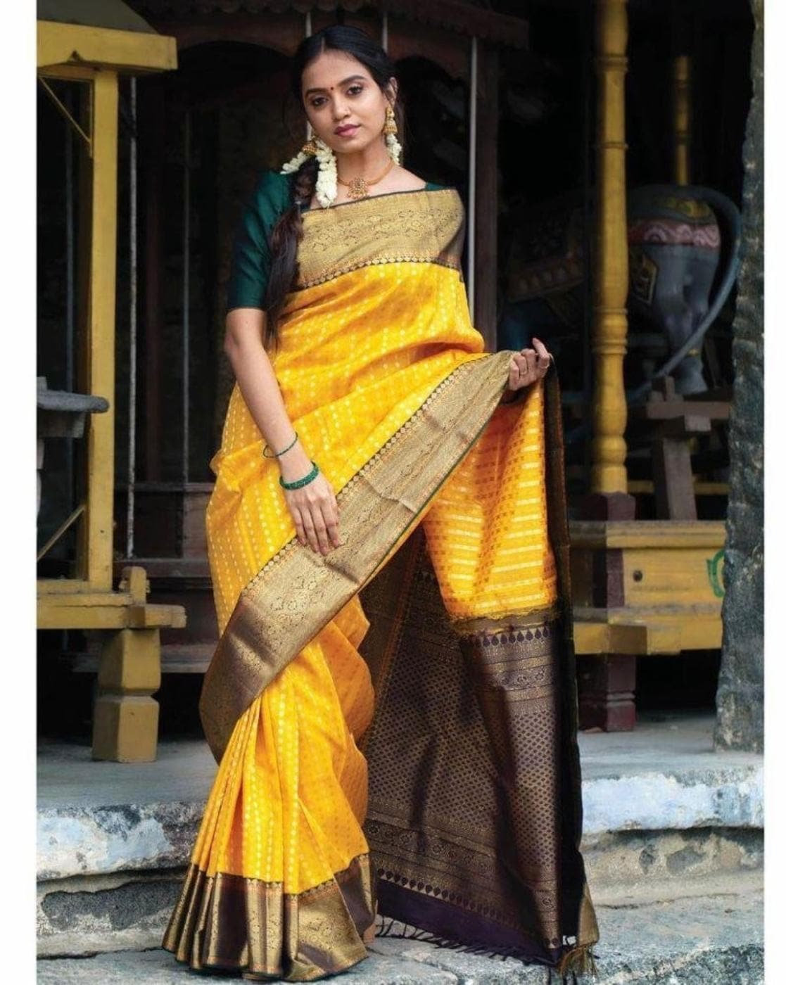 Woven Art Silk Saree in Yellow, Green and Sky Blue : SFF2849