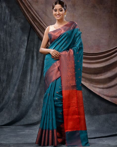 Buy Teal & Red Sarees for Women by Charukriti Online