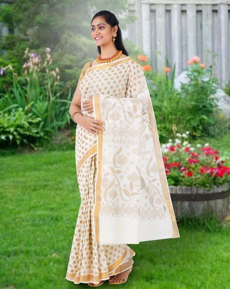 Golden and Beige Cotton Saree – Sudathi