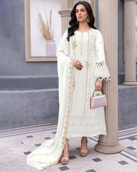 Ethnicise - aw- 642 Off White Dress Material (Un Stitch ) Dress Fabric:-  Cottan Jam Dress Colour:- Off White Dress Neck :- Moti Wrok Dress Work:-  Heavy Embroidery Bottom Fabric :- Cotton