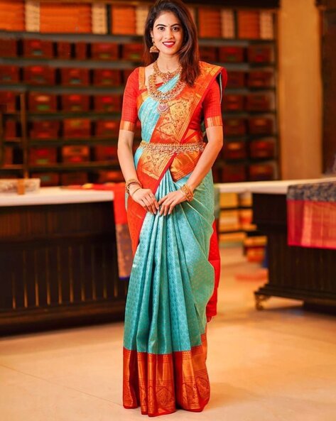 Buy pure raw silk saree with zari border – Akrithi