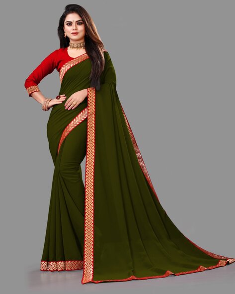 Mehndi Green Banarasi Saree with Embroidery Work - Urban Womania