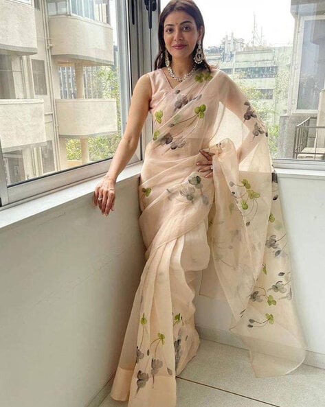 Cream and Dark Peach color Organza sarees with plan with mirror border saree  design -ORGS0001681