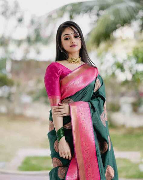 Benzer Fushia Pink and Pista Green Silk South Silk Saree with blouse  piece|WO-SS-359 – Benzerworld