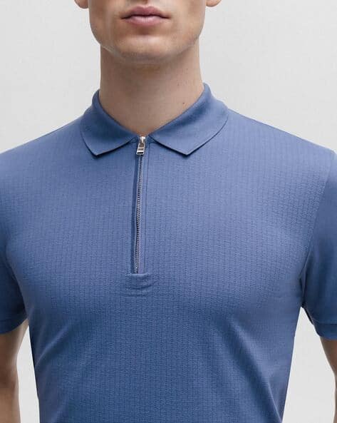 Buy BOSS Zip Placket Structured Cotton Slim Fit Polo T-Shirt