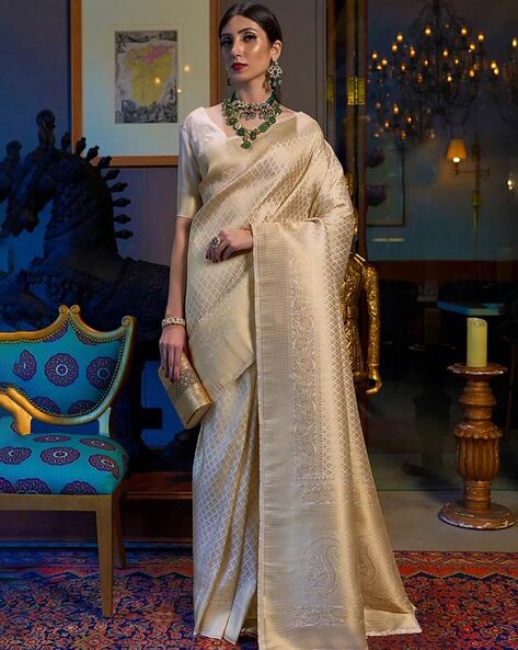 Khaki Beige Banarasi Silk Saree - Urban Womania