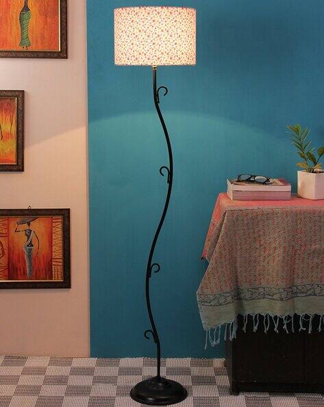 Devansh Floral Print Drum Shade Floor Lamp with Curvy Base