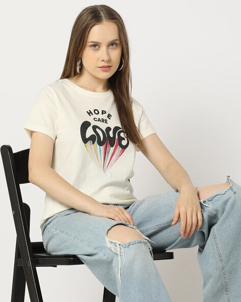 Women Typographic Print Crew-Neck T-Shirt